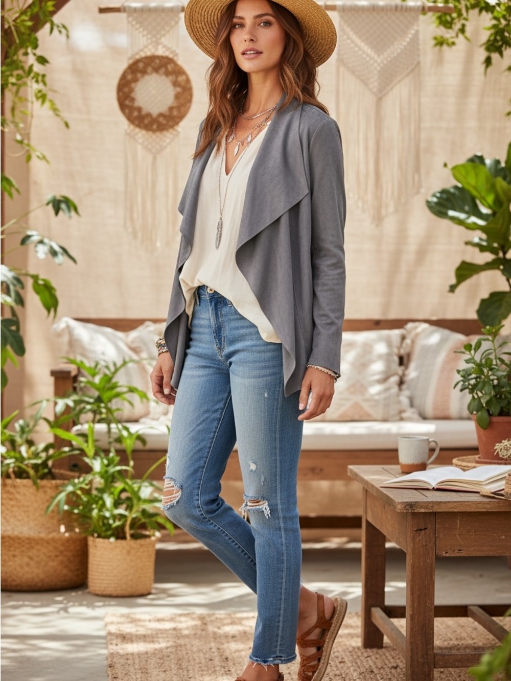 Boho Quiet Luxury Casual Draped Faux Leather Gray Jacket by Philosophy Size Med